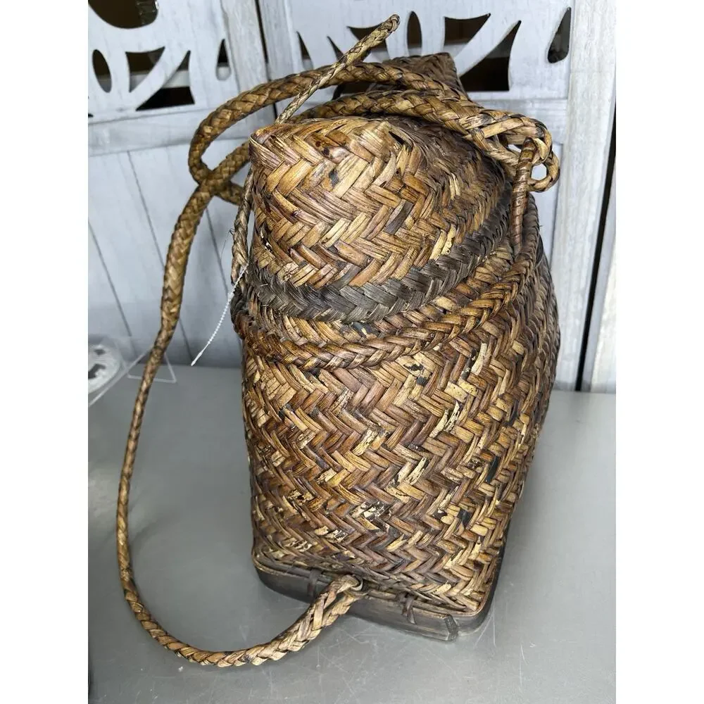 Vintage Filipino Rattan Woven Brown Wicker Wood Gathering Basket Backpack